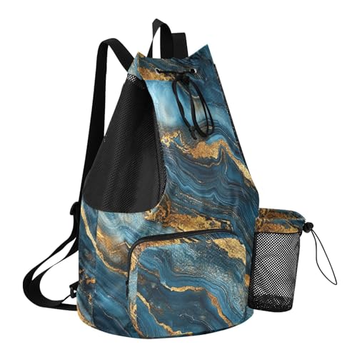 Drawstring Gym Bags Gym Sackpack With Inside Pockets String Back Pack Wet and Dry Separation Blue and Gold Marble Texture - color: Color 24