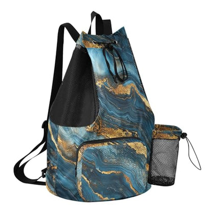 Drawstring Gym Bags Gym Sackpack With Inside Pockets String Back Pack Wet and Dry Separation Blue and Gold Marble Texture - color: Color 24