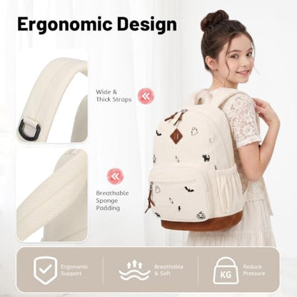 mygreen Corduroy Backpack with Cute Embroidery Daily School Bag Cherry Pink - color: Cherry Pink