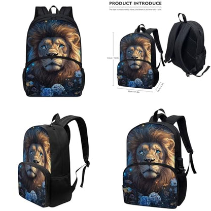 Aesthetic Lion Backpack for Kids Girls Backpack with Lunch Box Water Bottle Carrier and Fabric Pencil Pouch 4Pcs Set 17" Bookbag with Large Front Pocket for School Sturdy Elementary School Bag - color: Aesthetic Lion-2