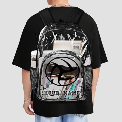 Custom Volleyball Clear Backpack Heavy Duty for Girls Kids Boys | Large Cool PVC Volleyball Theme Printing Transparent Backpacks for Schools Stadium Concerts Work - Clear/Black - color: Volleyball Clear Backpack 3 Black With Front Pocket Custom