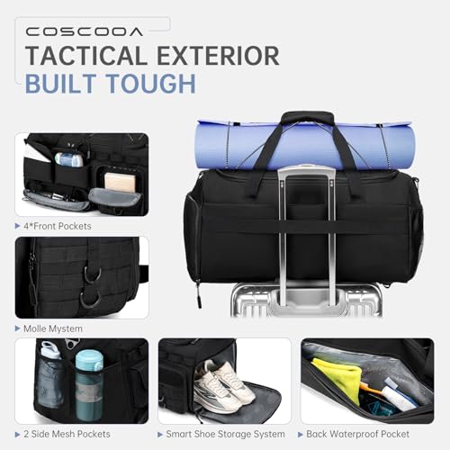 Gym Bags for Men with Shoe Compartment 60L Tactical Duffle Bag 3 in 1 Carry on Duffel Bag Travel Backpack Weekender Overnight Range Bag for Workout Football, Black - size: 60L