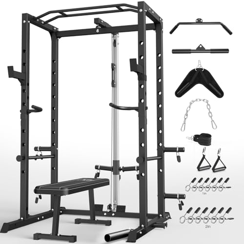ULTRA FUEGO Power Cage, Multi-Functional Power Rack with J-Hooks, Dip Handles, Landmine Attachment and Optional Cable Pulley System for Home Gym - size: Power Cage Black With Pulley System and Flat Bench