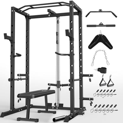 ULTRA FUEGO Power Cage, Multi-Functional Power Rack with J-Hooks, Dip Handles, Landmine Attachment and Optional Cable Pulley System for Home Gym - size: Power Cage Black With Pulley System and Flat Bench