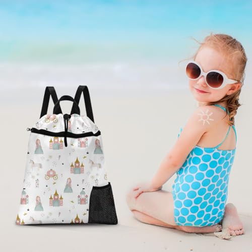 Pink Princess Castle Drawstring Backpack, 15” x 17” Waterproof Swim Bag for Beach Swimming Pool, Lightweight Foldable Gym Bag with Water Bottle Holder for Sports Travel - color: Princess Castle