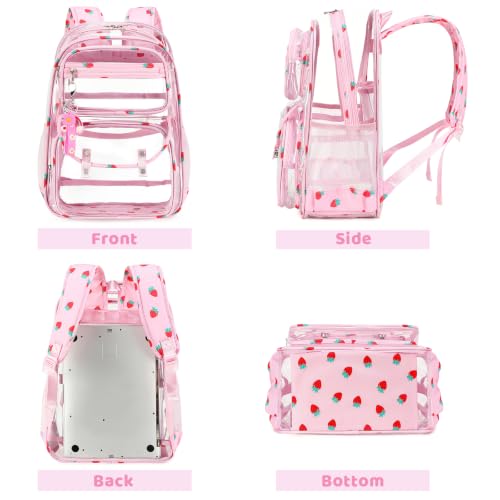 ACESAK Clear Backpack for Girls - 3 Pcs Clear Backpack Heavy Duty with Lunch Bag - See Through Bookbag Stadium Approved for Kids Middle High College School(Pink Strawberry) - color: Pink Strawberry
