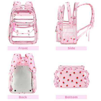 ACESAK Clear Backpack for Girls - 3 Pcs Clear Backpack Heavy Duty with Lunch Bag - See Through Bookbag Stadium Approved for Kids Middle High College School(Pink Strawberry) - color: Pink Strawberry