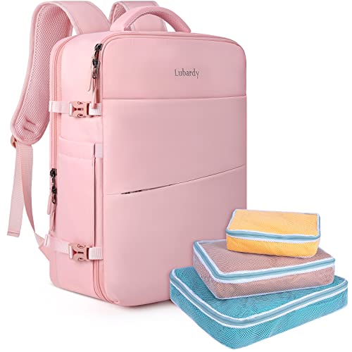 Lubardy Travel Backpack for Men Women 17 Inch Flight Approved Carry on Backpack Waterproof Large 40L Luggage Daypack Business College Weekender Overnight Laptop Backpack with 3 Packing Cubes, Pink - color: Pink(backpack With 3 Packing Cubes)