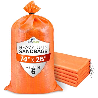 Heavy Duty Sand Bags Pack of 6, Bright Orange Empty Sandbags with Built-In Ties, Woven Polypropylene UV Protection 1600 Hours, Fillable Bags for Flood Control, Weight, 14x26 inches, 50 Pounds Volume - size: 14"W x 26"L, style: Pack of 6