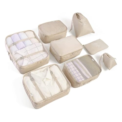 LANSKLBD 6/8 Set Packing Cubes for Suitcases Travel Luggage Packing Organizers,Travel Accessories Essentials Luggage Organizer with Shoe/Tioletry/Laundry Bag (Beige, 8 set) - color: Beige, size: 8 set