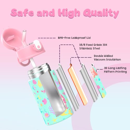Kids Backpack for Girls 5-8, 4PCS Toddler Backpack with 13oz Kids Insulated Water Bottle, Lunch Box and Pencil Case, Girls Bookbag Schoolbag for Primary Kindergarten Elementary School - color: Green Mermaid