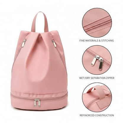 Foldable Gym Backpack with Wet/Dry Separation, Water-Resistant Oxford Sports Bag for Travel & Commute - color: Pink