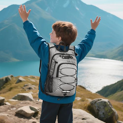 12L Kids Hiking Backpack, Small Hydration Backpack, Waterproof Kids Camping Daypack 5-10, No Water Bladder… - color: Grey