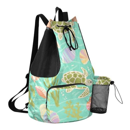 Drawstring Sport Gym Sackpack With Water Bottle Pocket Drawstring Beach Bags with Wet Dry Compartments Turtle Green Sea