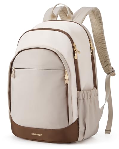 LIGHT FLIGHT Travel Backpack for Women, 15.6 Inch, Beige+Brown | Laptop Backpack, USB Charging Hole, Water Resistant, Large Capacity, College Bookbag - color: Beige+brown, size: 15.6 Inch without Wheels