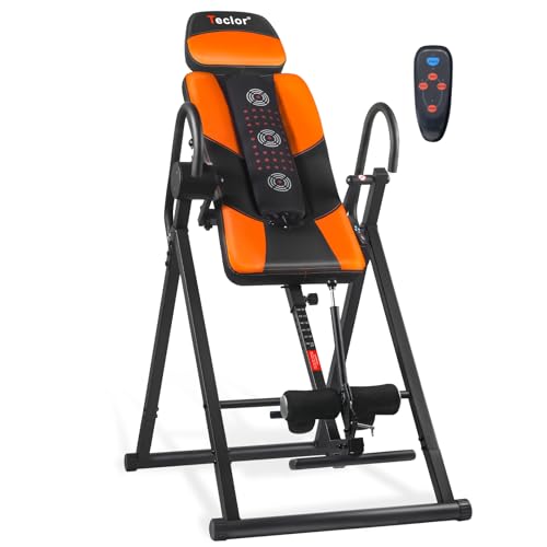 Teclor Inversion Table,Advanced Heat and Massage Function,Strength Training Inversion Table for Back Pain Relief,Heavy Duty Inversion Table 350 lbs Capacity with Wider and Thickened Backrest - color: Orange/Black