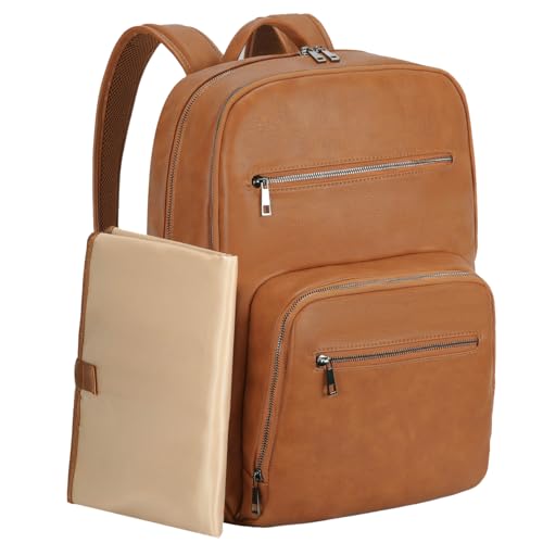 VASCHY Diaper Bag Backpack for Mum Dad, Unisex Large Waterproof Vegan Leather Baby Bag with Changing Pad,Insulated Pockets,Padded Laptop Sleeve for Travel,Brown - color: Tan