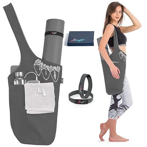 Yoga Mat Bag – Versatile Yoga Bag with Mat Straps & Storage Pockets, Holds Yoga & Pilates Mats, Lightweight & Durable - color: Gray & White