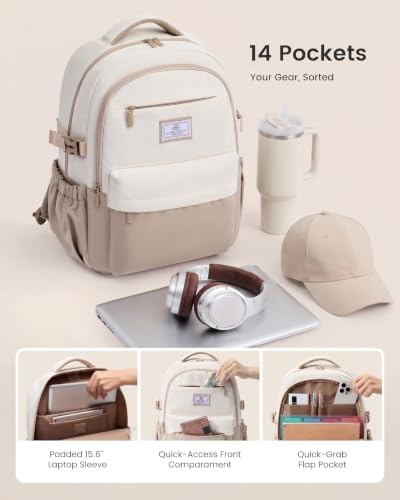 LOVEVOOK Laptop Backpack for Women Teens,College School Backpack with Tumbler Holder,15.6" Computer Bag,14 Pockets,Waterproof - color: Khaki/Cream, size: 17.3inch