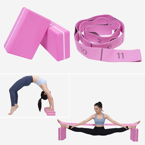 2 Pack Yoga Blocks 350g High Density, Non-Slip EVA Foam Brick with Bonus 11 loops Yoga Strap & Carry Bag, Pilates Block Set for Balance, Flexibility, Meditation, Home Gym & Studio - color: Pink Brick & Pink Band