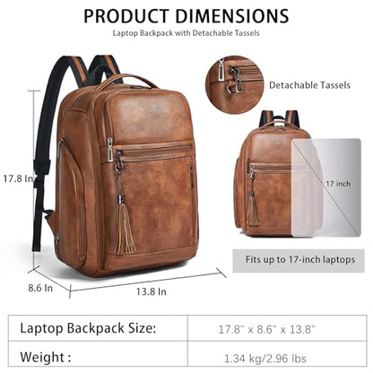 Shrrie 17 Inch Travel Laptop Backpack for Women&Men, Vegan Leather Backpack with USB Charger, Expandable Large Capacity Computer Backpack Purse for Work Business Travel, Brown - color: Two-toned Brown