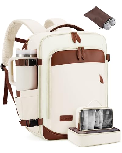 LOVEVOOK Travel Backpack for Women, 40L Carry On Backpack with 3 Packing Cubes,TSA Personal Item Travel Bag Airline Approved, Water Resistant Weekender Overnight Luggage Daypack, Fits 17 Inch Laptop - color: D-beige-brown, size: Large - 17.3 Inch - 40L -