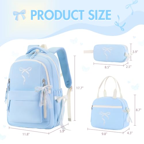 Kids Backpack for Girls - 3PCS Cute Embroidered Bow Girls Backpack with Insulated Lunch Bag & Pencil Case - Bookbag for Teen Women Middle High School College Work Travel Daypack - color: Blue Beige