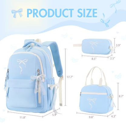 Kids Backpack for Girls - 3PCS Cute Embroidered Bow Girls Backpack with Insulated Lunch Bag & Pencil Case - Bookbag for Teen Women Middle High School College Work Travel Daypack - color: Blue Beige