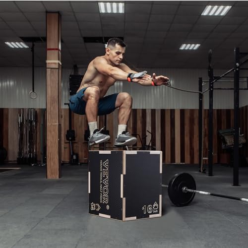 VEVOR 3 in 1 Plyometric Jump Box, Easy-to-Assemble Wood Plyo Box for Jumping Trainers, Home Gym Training and Conditioning - style: 16" x 14" x 12"