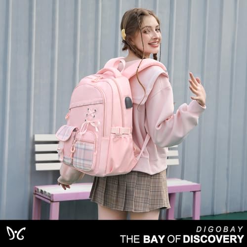 DIGOBAY Backpacks for Girls - 3PCS Girls Backpack with Lunch Box & Pencil Pouch Plaid School Backpacks for Elementary Middle High College School Bookbag for Teen Girl Kids Students Pink - color: Pinkplaid