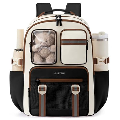 LOVEVOOK Cute School Backpack for Girls Ages 8-14, Bookbag with Plush Bear & Clear Display Pocket, Fits 15.6 Inch Laptop & 40oz Tumbler, Back to School Backpack for Elementary & Middle School - color: Black / Cream