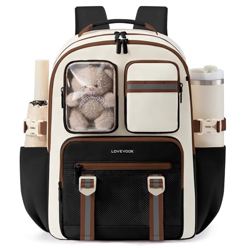 LOVEVOOK Cute School Backpack for Girls Ages 8-14, Bookbag with Plush Bear & Clear Display Pocket, Fits 15.6 Inch Laptop & 40oz Tumbler, Back to School Backpack for Elementary & Middle School - color: Black / Cream