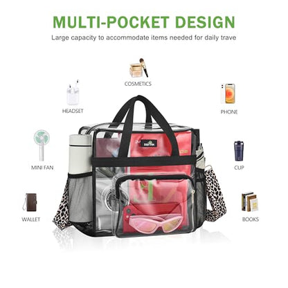 MAY TREE Clear Bag for Stadium Events, 12x6x12 Clear Tote Bag with Removable Strap, Transparent Bag for Concert Sports Gym, Leopard-Strap - color: Leopard-Strap