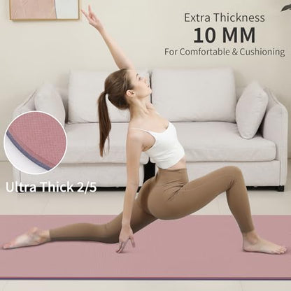 PAIDU Yoga Mat Non Slip Anti-tear,extra thick-2/5 inch（10MM）High Resiliency Professional POE Yoga Mats for Women Men Kids,72"x24"inch,Workout, Yoga, Pilates and Floor Exercise, with Carrier Strap - color: Deep Pink+Grey.