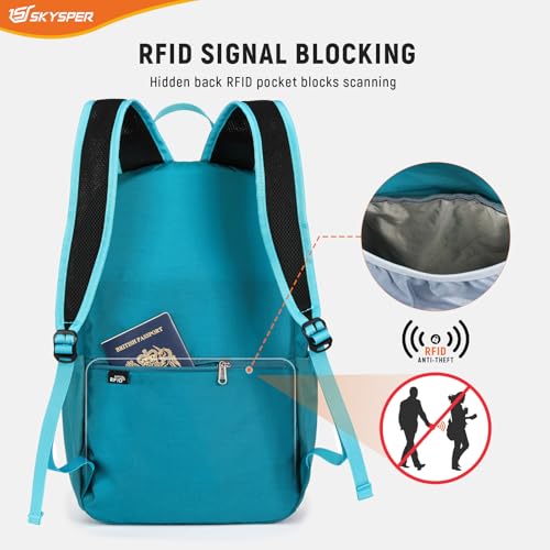 SKYSPER Small Hiking Backpack for Men Women 20L RFID Packable Daypack Ultralight Foldable Back Pack Lightweight Collapsible Travel Day Pack - color: Cyan