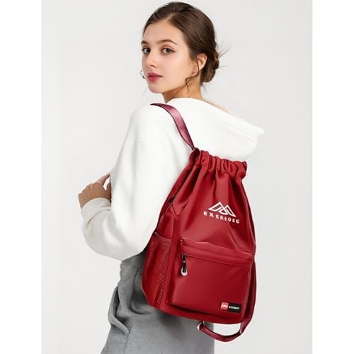 Drawstring Backpack for Women Men Sport Gym Bag Water Resistant Backpack Sandproof Beach Bag With Mesh Pockets (Red) - color: Red