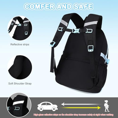 Scothen 3PCS Girls Backpack for School, Kids Backpack for Girls with Lunch Bag Pencil Case, Kids Bookbag Teen Backpacks for Elementary Middle High School - color: Black-blue
