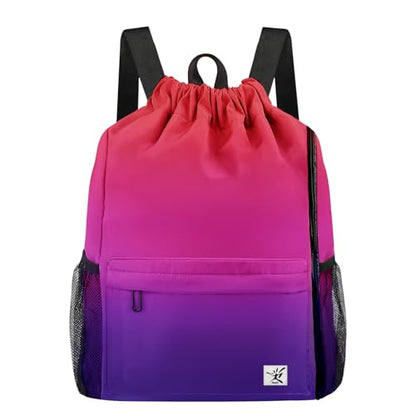 Drawstring Backpack with Mesh Pockets String Gym Bag Sackpack Sandproof Water Resistant Beach Backpack for Men Women - color: Gradient Purple