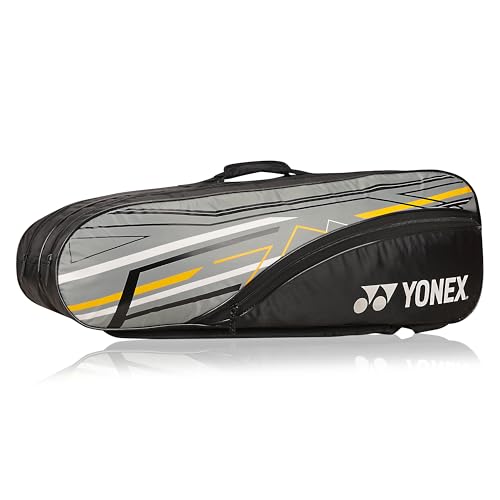 Yonex Stylish Badminton Kit-Bag |Double Zipper Compartment for Storage of 6 Rackets and Clothes|Side Pocket |Back Straps |Accessories Compartment |Made in India - color: BLACK GREY DARK YELLOW