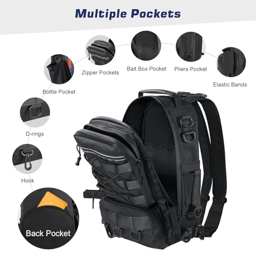 MoKo Fishing Backpack Sling Bag with Rod & Gear Holder, Nylon Waterproof Fishing Tackle Storage Bag for Fishing - color: Black