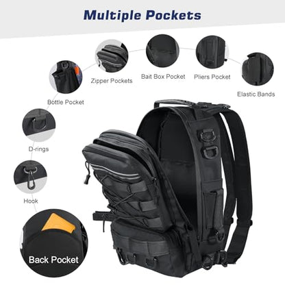 MoKo Fishing Backpack Sling Bag with Rod & Gear Holder, Nylon Waterproof Fishing Tackle Storage Bag for Fishing - color: Black