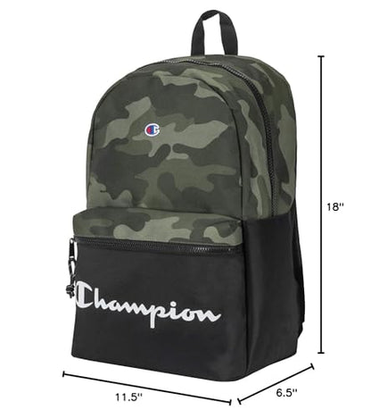Champion Manuscript Backpack with Padded Adjustable Straps, Water Bottle Pocket for Work, Travel, Daily Use - color: Green Grid Camo