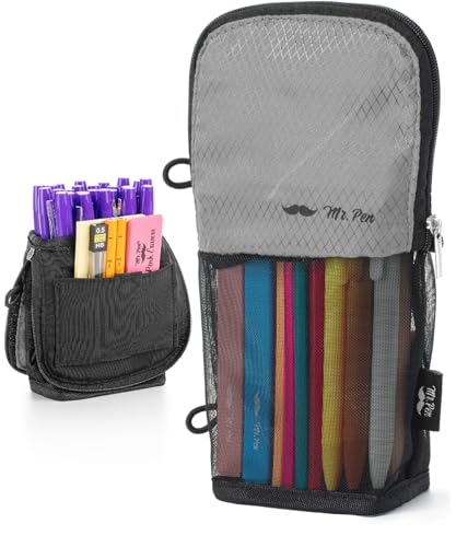 Mr. Pen- Standing Pencil Case Pouch, Sit & Lay Mesh-View Design, Black & Gray, Interior Pocket & 2 Elastic Binder Loops, Cute Pencil Case for Girls and Boys - color: Black & Gray