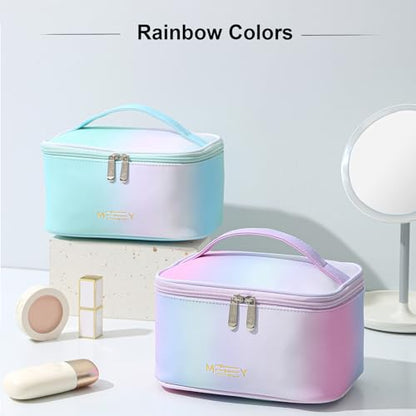 Meiyuuo Makeup Bag Large Cosmetic Bags for Women Girls Cute Travel Zipper Pouch Toiletry Organizer for Beauty Essentials Waterproof (Gradient Rainbow Green) - color: RAINBOW GREEN