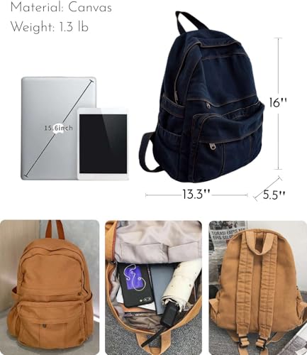 Dark Wash Denim Jean Backpack for Women & Men Retro Aesthetic Rucksack Basic Backpack for High School/College Students Travel Laptop Bag - color: Dark Denim