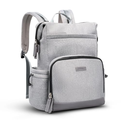 VONAL Neoprene Diaper Bag Backpack with Changing Pad, 33L Large Capacity Neoprene Backpack Baby Diaper Bag with Insulated Pockets, Travel Diaper Backpack Baby with 12 Pockets for Mom & Dad, Gray - color: Gray