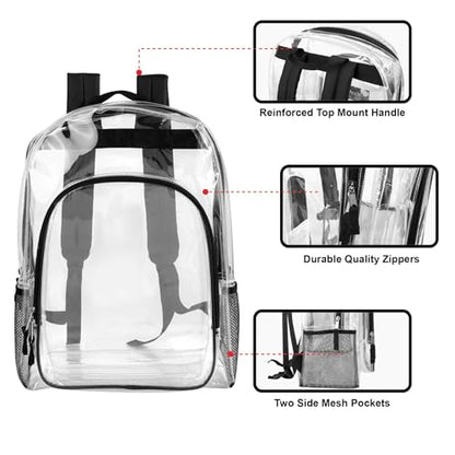 Heavy Duty Clear See Through Backpack | Transparent Clear Backpack Bags Stadium Approved for Women, Men, School, Travel - color: Black
