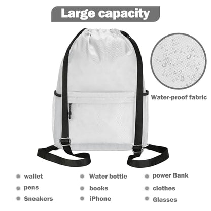 Waterproof Drawstring Bag, Lightweight String Backpack with Water Bottle Holder and Pockets, Gym Sports Cinch Sackpack (Grey) - color: Grey