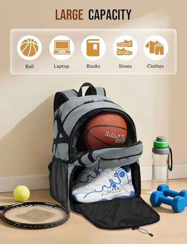 Basketball Backpack with Shoe Compartment Large Basketball Bag with Ball Holder for Men Women Gym Backpack fit Volleyball Football for Sports Travel Gym - Grey - color: Grey
