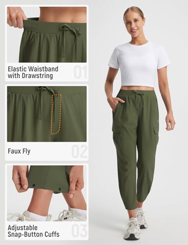 baleaf Women’s Petite Travel Hiking Pants Quick Dry Stretch Cargo Ankle Pants with Zipper Pockets - color: Army Green, size: XX-Large